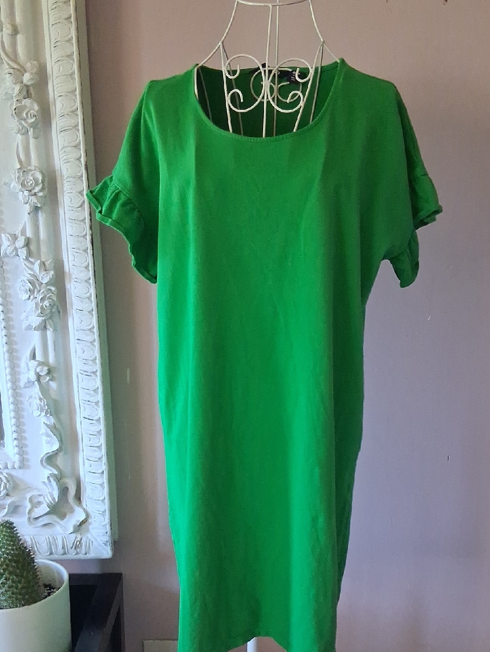 Lands' End Vibrant Green Shift Dress with Ruffle Sleeves – Women's Size MP